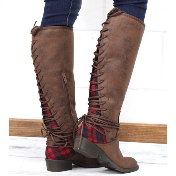 Brown/Red Plaid Corset Lace Up Knee High Boots - Picture 4 of 8